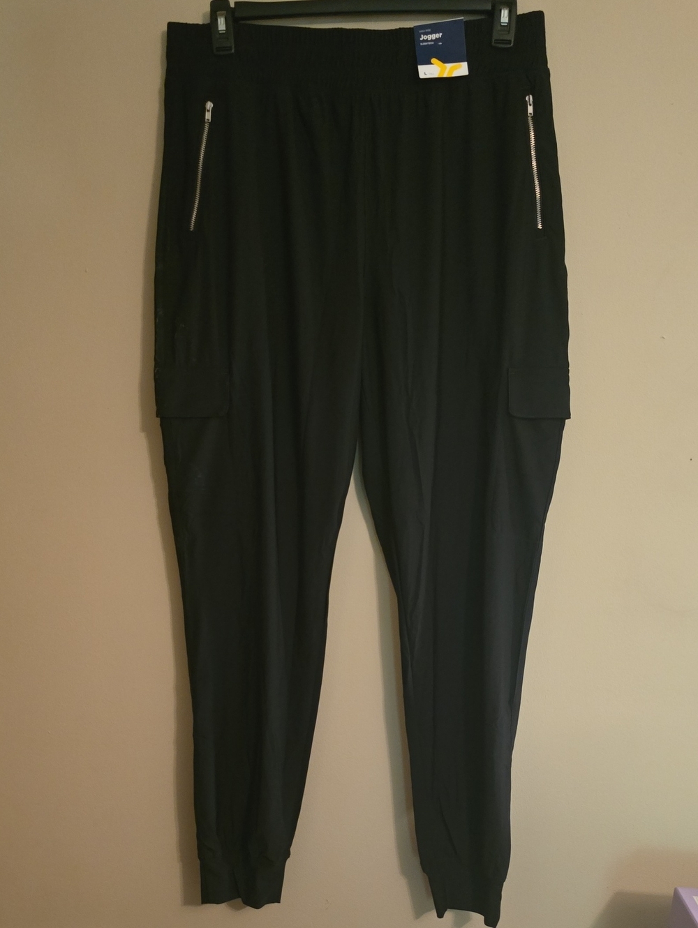 New Women's Large Tall High Rise Sleektech Black Cargo Jogger Pants